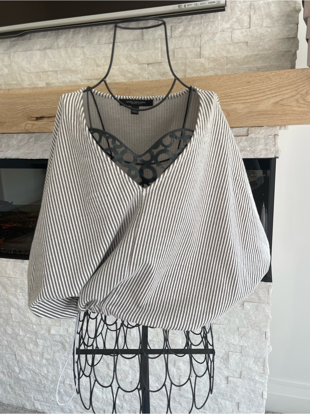 Marc New York Black & White Striped V-Neck Balloon Sleeve Tunic